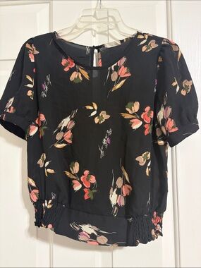 Sienna Sky Smocked Hem Black Floral Short Sleeve Blouse with Pink & Cream